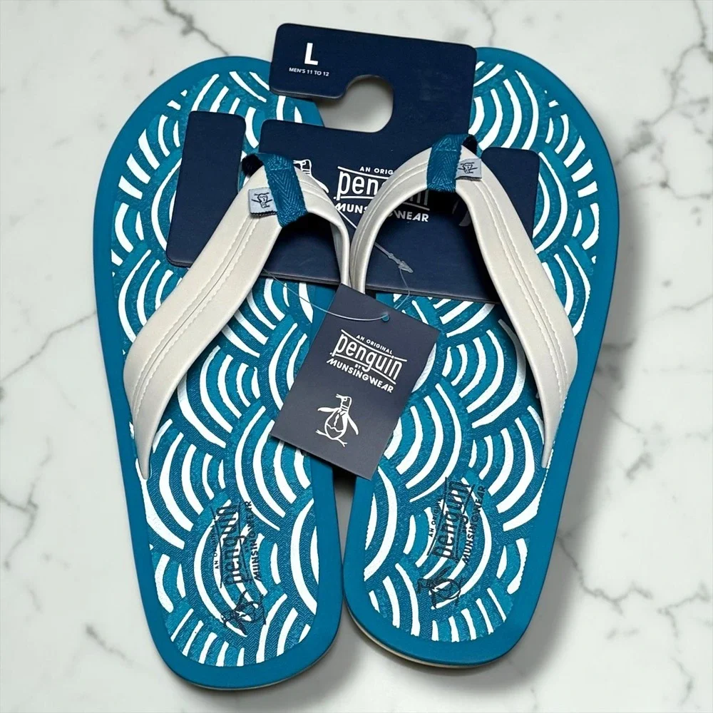 Original Penguin Mens Flip Flops Teal Blue‎ White Wave Pattern Size L 11-12 NEW